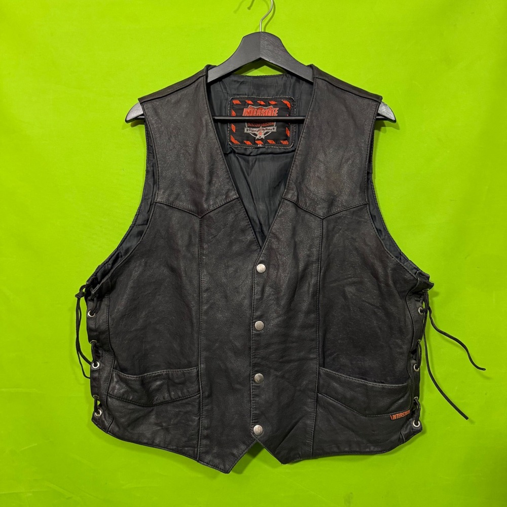 90s Interstate Leather Mens Biker Vest Black Side Lace Snap Front XL Motorcycle